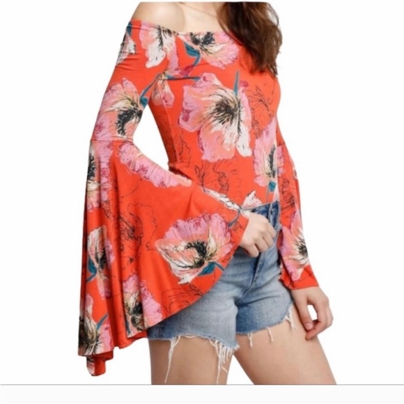 We the Free Off the Shoulder Floral Dramtic Wide Bell Sleeves Boho Knit Top XS-S - Picture 12 of 12